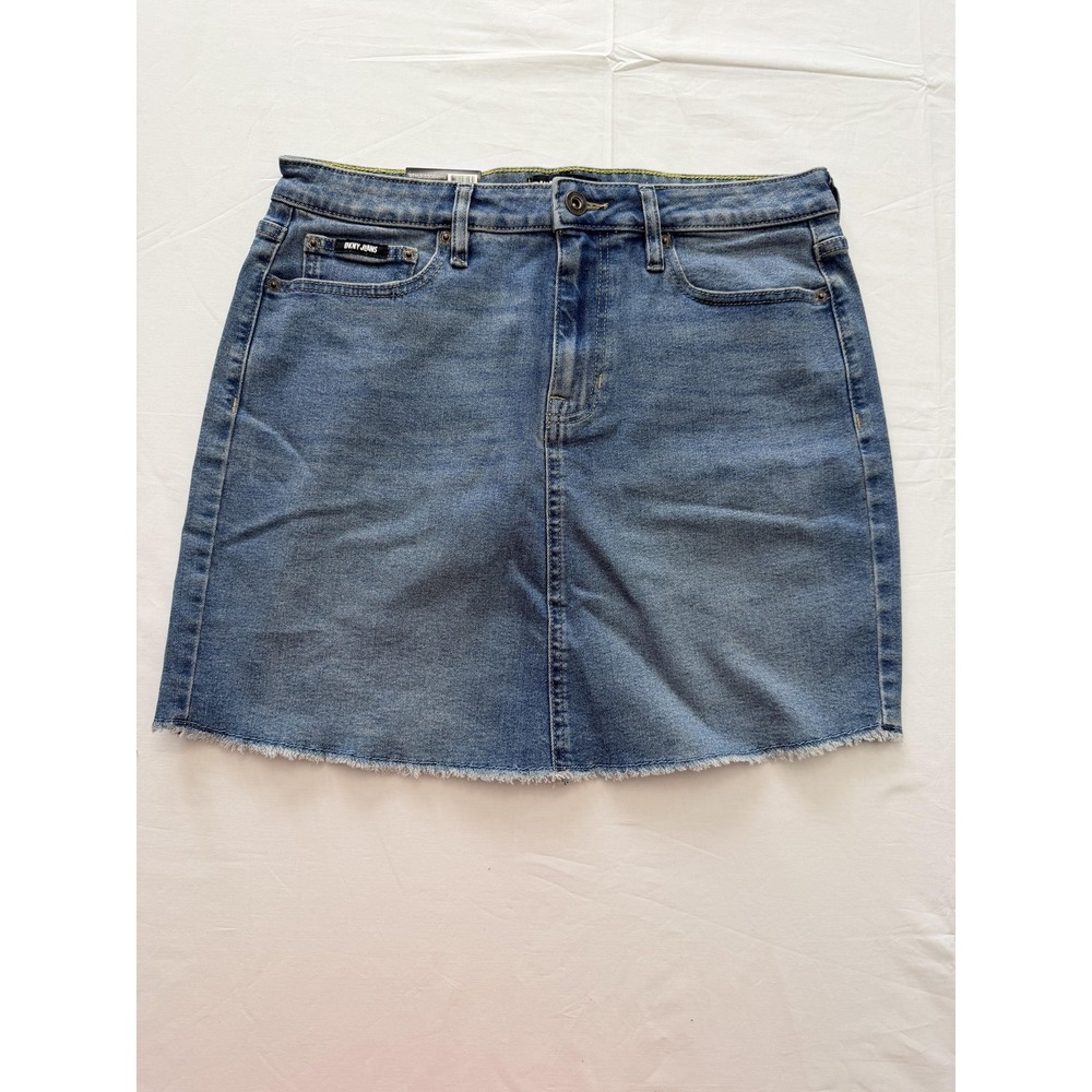DKNY‎ Jeans Skirt Womens 10 Blue Denim A-Line Mid Rise Mini Raw Hem Stretch